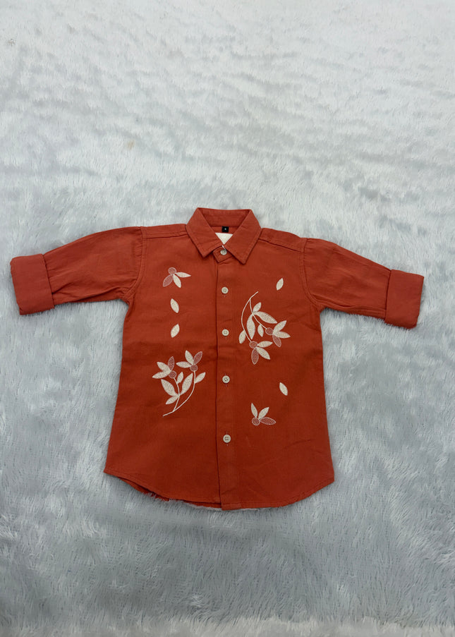BOYS SHIRTS CODE-B89 He and She Boys Rust Orange Printed Cotton Casual Shirt for Kids