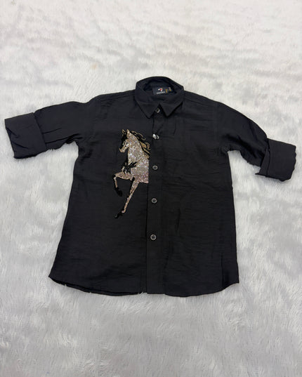 BOYS SHIRTS CODE-B85 He and She Boys Black Horse Embellished Party Wear Shirt | Stylish Full Sleeve Kids Shirt