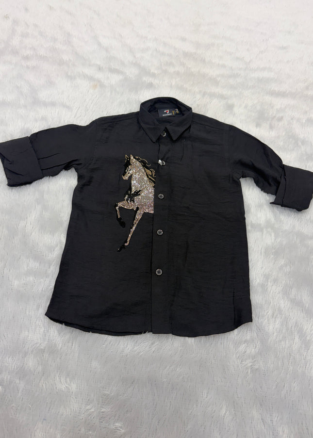 BOYS SHIRTS CODE-B85 He and She Boys Black Horse Embellished Party Wear Shirt | Stylish Full Sleeve Kids Shirt