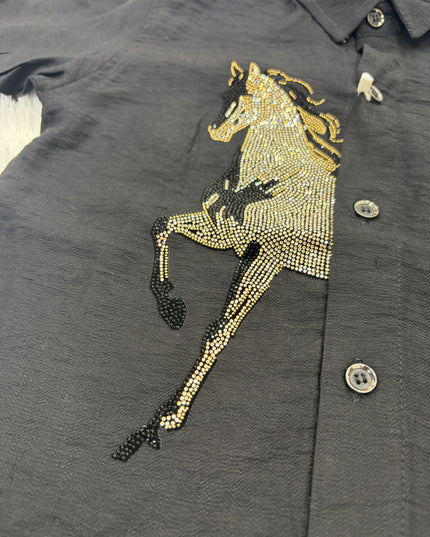 BOYS SHIRTS CODE-B85 He and She Boys Black Horse Embellished Party Wear Shirt | Stylish Full Sleeve Kids Shirt