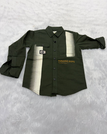 BOYS SHIRTS CODE-B82 Boys Olive Green Printed Full Sleeve Casual Shirt | Stylish Kids Cotton Blend Shirt