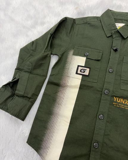 BOYS SHIRTS CODE-B82 Boys Olive Green Printed Full Sleeve Casual Shirt | Stylish Kids Cotton Blend Shirt