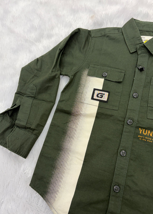 BOYS SHIRTS CODE-B82 Boys Olive Green Printed Full Sleeve Casual Shirt | Stylish Kids Cotton Blend Shirt