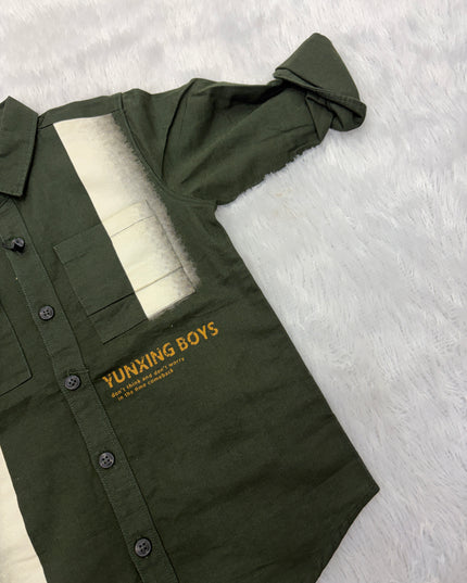 BOYS SHIRTS CODE-B82 Boys Olive Green Printed Full Sleeve Casual Shirt | Stylish Kids Cotton Blend Shirt