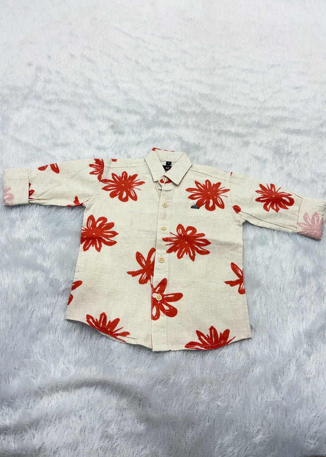 BOYS SHIRTS CODE-B81 He and She Boys Cream Floral Printed Full Sleeve Casual Shirt