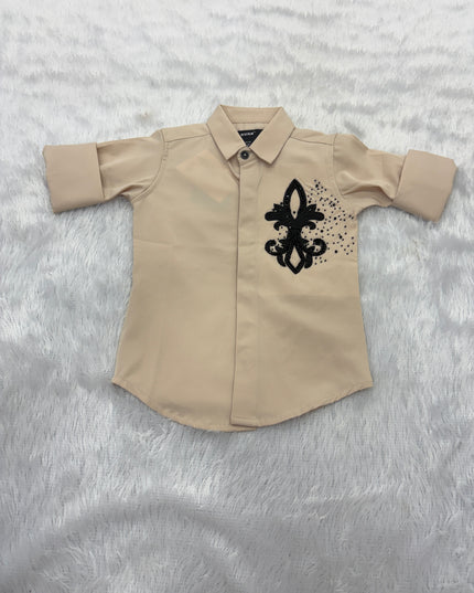 BOYS SHIRT CODE-75 He And She Boys Beige Embroidered Party Wear Shirt | Full Sleeves Cotton Blend Shirt for Kids