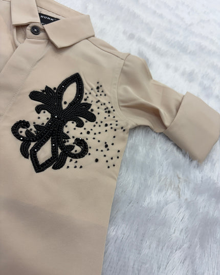 BOYS SHIRT CODE-75 He And She Boys Beige Embroidered Party Wear Shirt | Full Sleeves Cotton Blend Shirt for Kids
