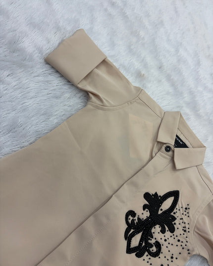 BOYS SHIRT CODE-75 He And She Boys Beige Embroidered Party Wear Shirt | Full Sleeves Cotton Blend Shirt for Kids