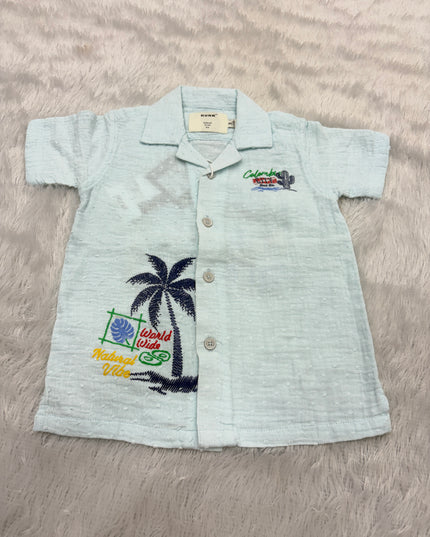 BOYS SHIRTS CODE-B93 He And She Boys Mint Green Embroidered Casual Cotton Shirt | Half Sleeve Summer Shirt for Kids