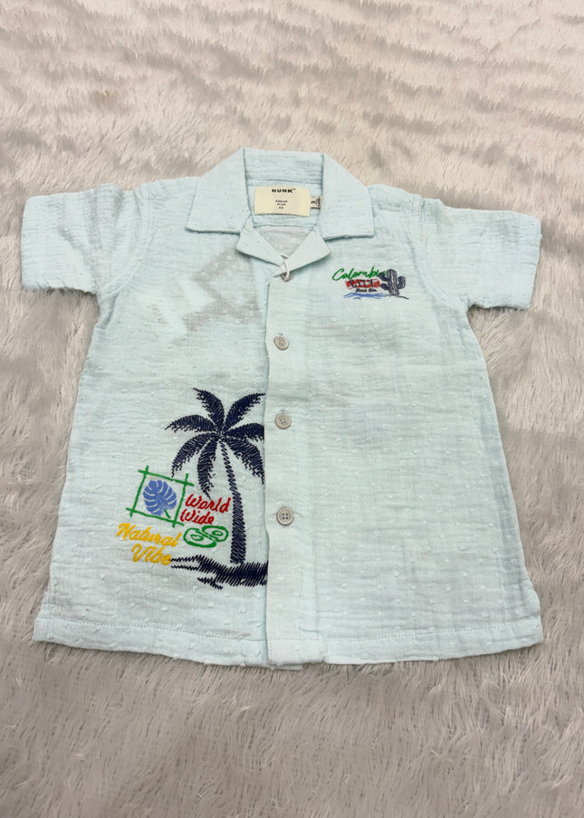 BOYS SHIRTS CODE-B93 He And She Boys Mint Green Embroidered Casual Cotton Shirt | Half Sleeve Summer Shirt for Kids