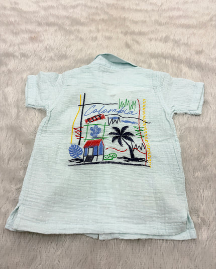 BOYS SHIRTS CODE-B93 He And She Boys Mint Green Embroidered Casual Cotton Shirt | Half Sleeve Summer Shirt for Kids