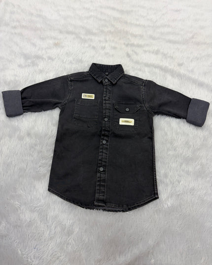 BOYS SHIRTS CODE-B77 He And She Boys Black Denim Casual Shirt | Stylish Full Sleeve Kids Shirt