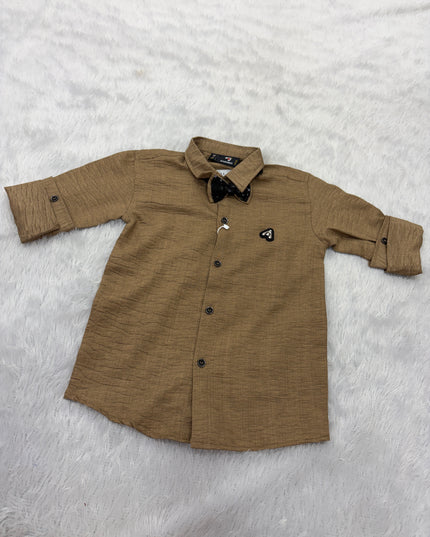 BOYS SHIRTS CODE-B92 He And She Boys Brown Full Sleeve Party Wear Shirt with Bow Tie | Stylish Kids Casual & Formal Shirt