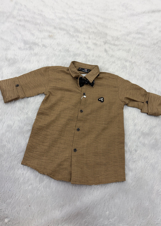 BOYS SHIRTS CODE-B92 He And She Boys Brown Full Sleeve Party Wear Shirt with Bow Tie | Stylish Kids Casual & Formal Shirt