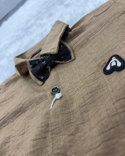 BOYS SHIRTS CODE-B92 He And She Boys Brown Full Sleeve Party Wear Shirt with Bow Tie | Stylish Kids Casual & Formal Shirt