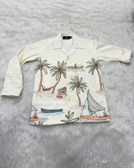 BOYS SHIRTS CODE-B74 He and She Boys Tropical Print Full Sleeve Casual Shirt – Cream Beach Theme Cotton Blend Shirt for Kids