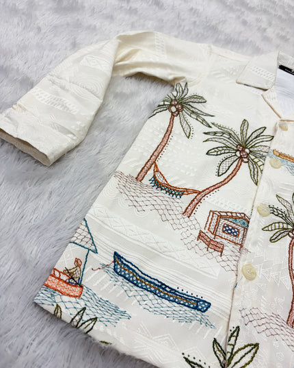 BOYS SHIRTS CODE-B74 He and She Boys Tropical Print Full Sleeve Casual Shirt – Cream Beach Theme Cotton Blend Shirt for Kids