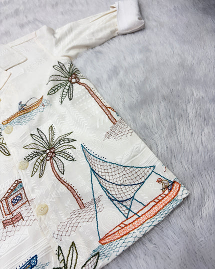 BOYS SHIRTS CODE-B74 He and She Boys Tropical Print Full Sleeve Casual Shirt – Cream Beach Theme Cotton Blend Shirt for Kids