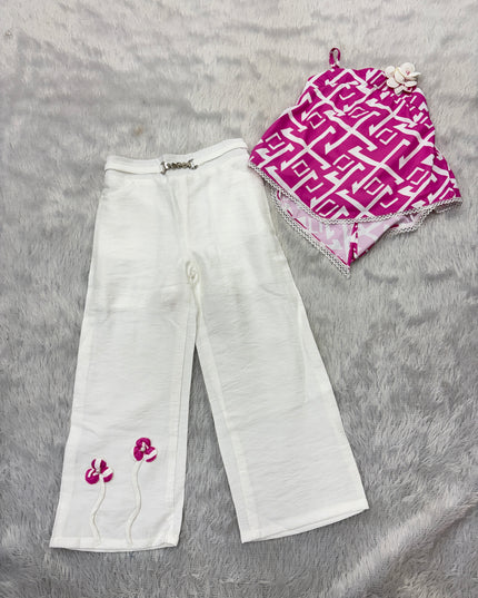 GIRLS WESTERN SET CODE-B101 He and She Girls Pink & White Western Co-Ord Set | Stylish Top & Wide Leg Pants Set for Girls
