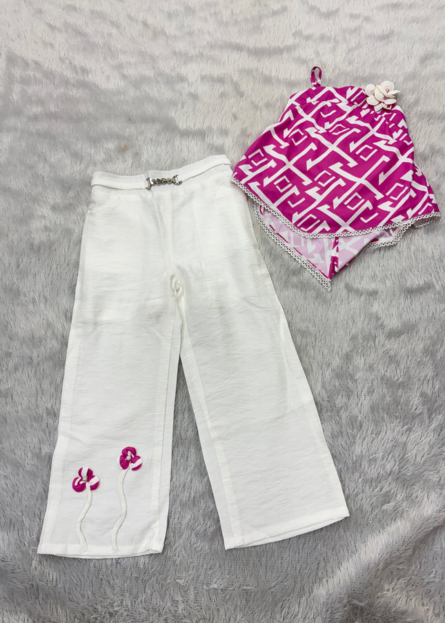 GIRLS WESTERN SET CODE-B101 He and She Girls Pink & White Western Co-Ord Set | Stylish Top & Wide Leg Pants Set for Girls