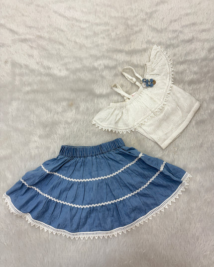 GIRLS WESTERN SET CODE-B100 He and She Girls White Embroidered Top & Blue Denim Skirt Western Set for Kids