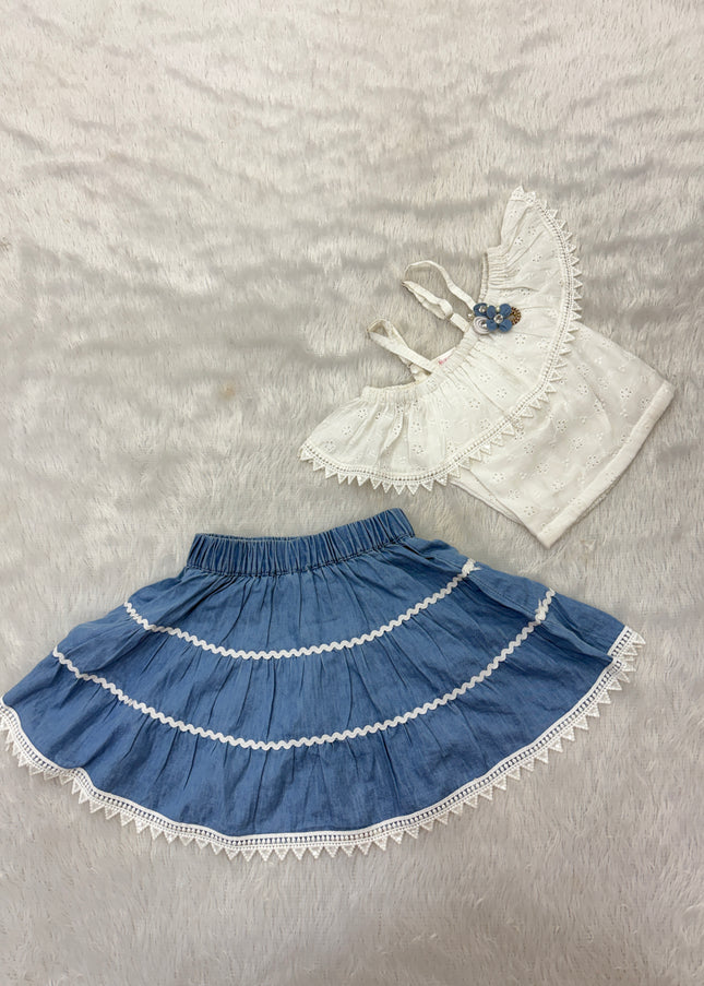 GIRLS WESTERN SET CODE-B100 He and She Girls White Embroidered Top & Blue Denim Skirt Western Set for Kids