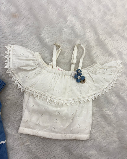 GIRLS WESTERN SET CODE-B100 He and She Girls White Embroidered Top & Blue Denim Skirt Western Set for Kids