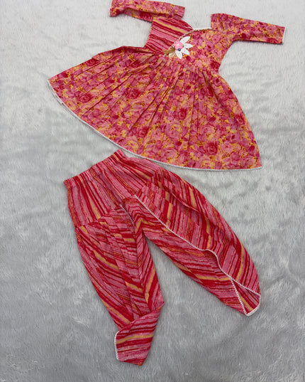 GIRLS ETHNIC WEAR CODE-B98 He And She Girls Pink Floral Ethnic Wear Set with Dhoti Pants | Traditional Festive Outfit for Girls