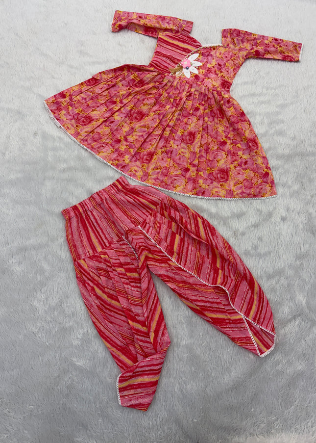 GIRLS ETHNIC WEAR CODE-B98 He And She Girls Pink Floral Ethnic Wear Set with Dhoti Pants | Traditional Festive Outfit for Girls