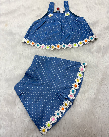 GIRLS WESTERN SET CODE-B102 He and She Girls Blue Polka Dot Floral Western Co-Ord Set | Sleeveless Top & Shorts Set for Girls