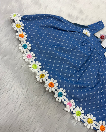 GIRLS WESTERN SET CODE-B102 He and She Girls Blue Polka Dot Floral Western Co-Ord Set | Sleeveless Top & Shorts Set for Girls