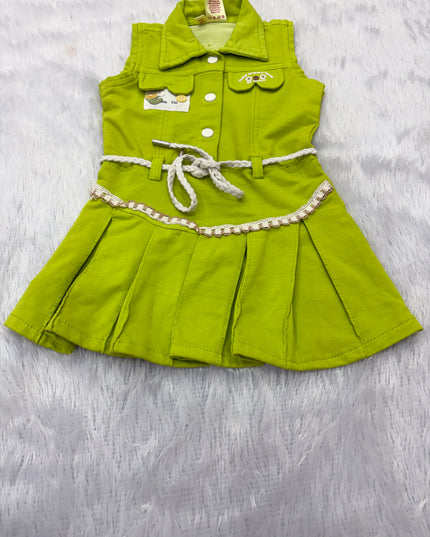 GIRLS WESTERN SET CODE-B104 Girls Lime Green Sleeveless Western Dress with Belt | Stylish Party & Casual Wear for Kids