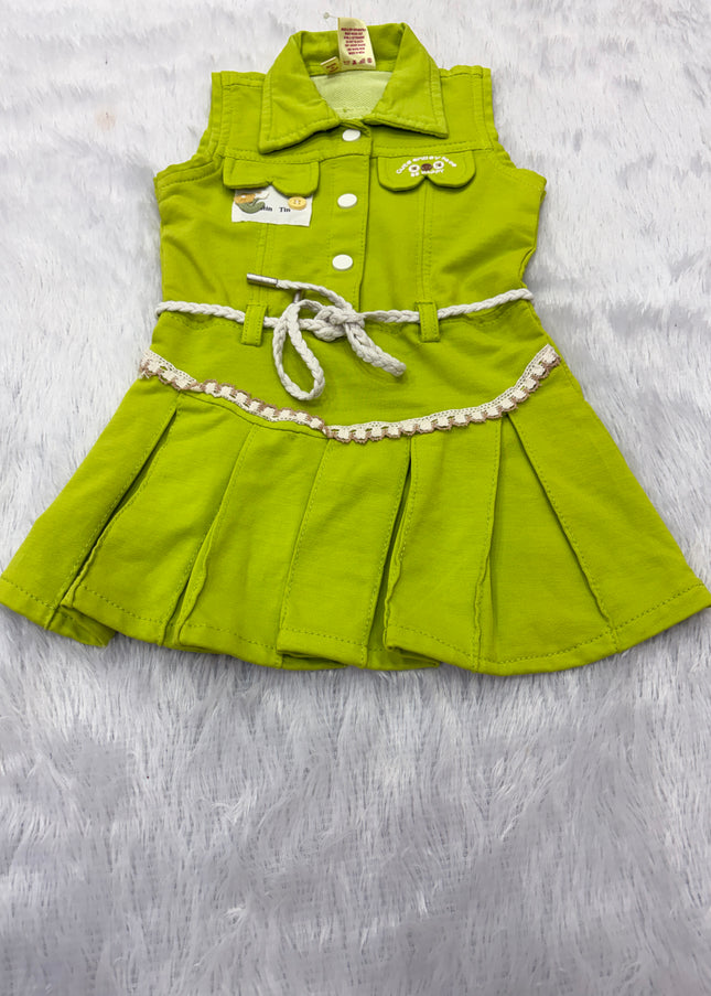 GIRLS WESTERN SET CODE-B104 Girls Lime Green Sleeveless Western Dress with Belt | Stylish Party & Casual Wear for Kids