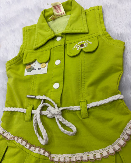 GIRLS WESTERN SET CODE-B104 Girls Lime Green Sleeveless Western Dress with Belt | Stylish Party & Casual Wear for Kids