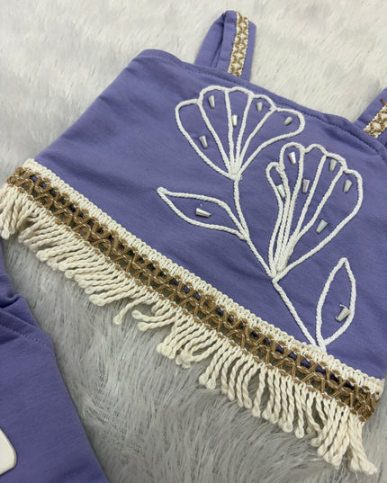 GIRLS WESTERN SET CODE-B103  Girls Lavender Embroidered Western Co-Ord Set with Fringe Detail | He And She