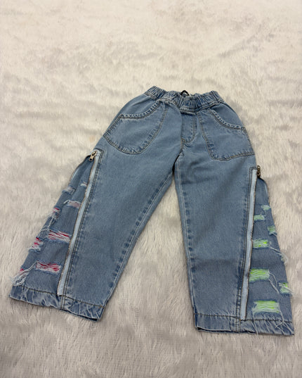 GIRLS JEANS & PLAZO CODE-B106 Girls Light Blue Wide Leg Denim Palazzo Jeans with Side Zip & Distressed Design