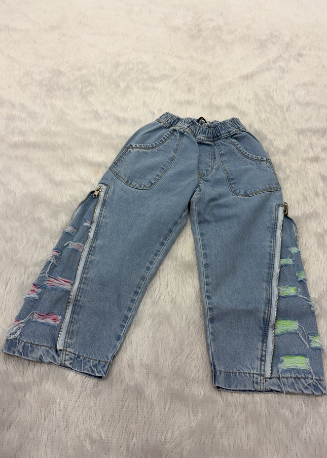 GIRLS JEANS & PLAZO CODE-B106 Girls Light Blue Wide Leg Denim Palazzo Jeans with Side Zip & Distressed Design