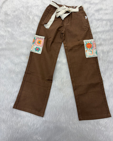 GIRLS JEANS&PLAZO CODE-B107 He And She Girls Brown Embroidered Palazzo Pant | Stylish Wide-Leg Kids Bottom Wear