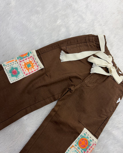 GIRLS JEANS&PLAZO CODE-B107 He And She Girls Brown Embroidered Palazzo Pant | Stylish Wide-Leg Kids Bottom Wear