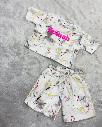 GIRLS WESTERN CORD SET CODE-B105 Girls Splash Print Western Co-ord Set | Half Sleeve T-Shirt & Shorts Set for Girls | He and She