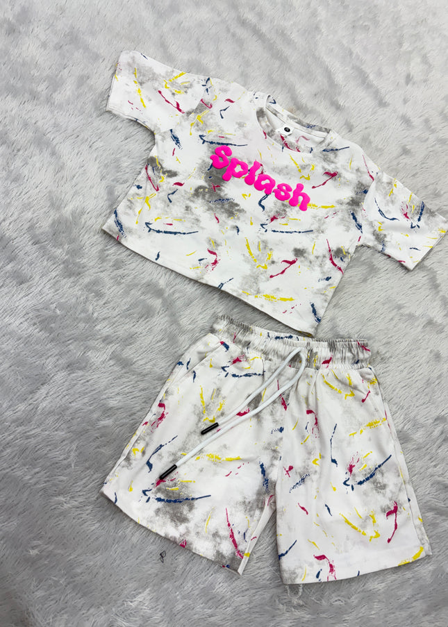 GIRLS WESTERN CORD SET CODE-B105 Girls Splash Print Western Co-ord Set | Half Sleeve T-Shirt & Shorts Set for Girls | He and She
