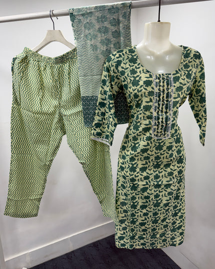 LADIES KURTI SET CODE-A110 Women's Green Floral Printed Cotton Kurta Pant Dupatta Set | Elegant Ethnic Wear