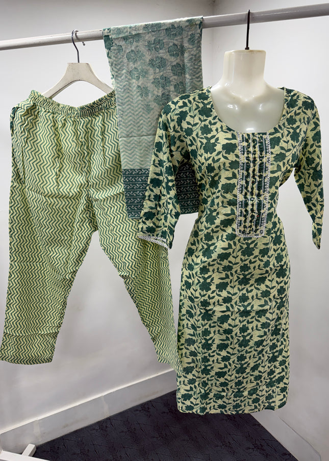 LADIES KURTI SET CODE-A110 Women's Green Floral Printed Cotton Kurta Pant Dupatta Set | Elegant Ethnic Wear
