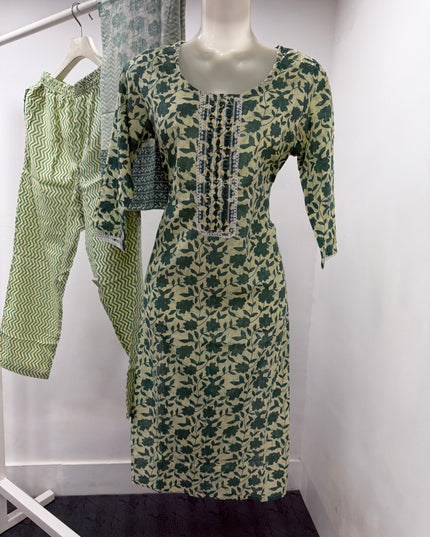 LADIES KURTI SET CODE-A110 Women's Green Floral Printed Cotton Kurta Pant Dupatta Set | Elegant Ethnic Wear