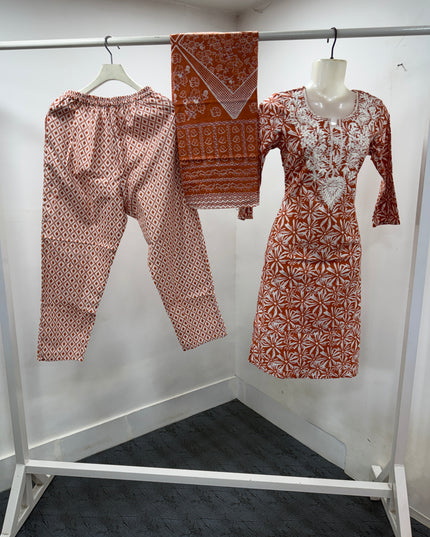 LADIES KURTI SET CODE-A120 Women's Rust Orange Floral Printed Cotton Kurta Pant Dupatta Set with Embroidered Neck