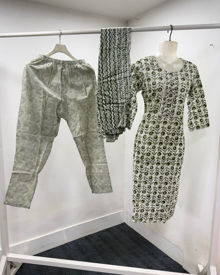 LADIES KURTI SET CODE-A118 Women's Green Printed Cotton Kurta Pant Dupatta Set | Ethnic 3-Piece Suit