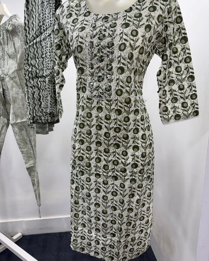 LADIES KURTI SET CODE-A118 Women's Green Printed Cotton Kurta Pant Dupatta Set | Ethnic 3-Piece Suit