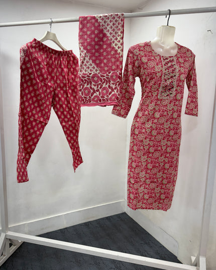 LADIES KURTI SET CODE-A109 Women's Printed Cotton Blend Kurta Set with Straight Pants & Dupatta | Tomato & Onion