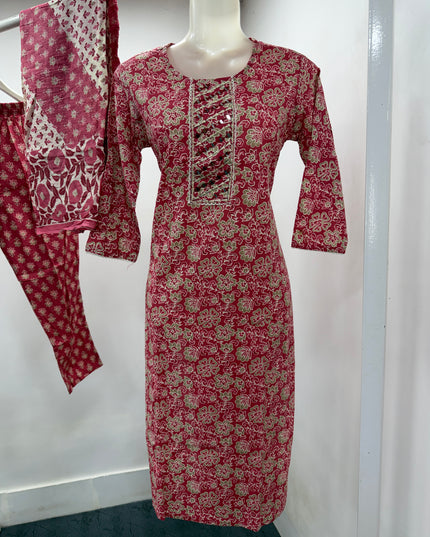 LADIES KURTI SET CODE-A109 Women's Printed Cotton Blend Kurta Set with Straight Pants & Dupatta | Tomato & Onion