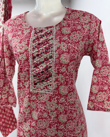 LADIES KURTI SET CODE-A109 Women's Printed Cotton Blend Kurta Set with Straight Pants & Dupatta | Tomato & Onion